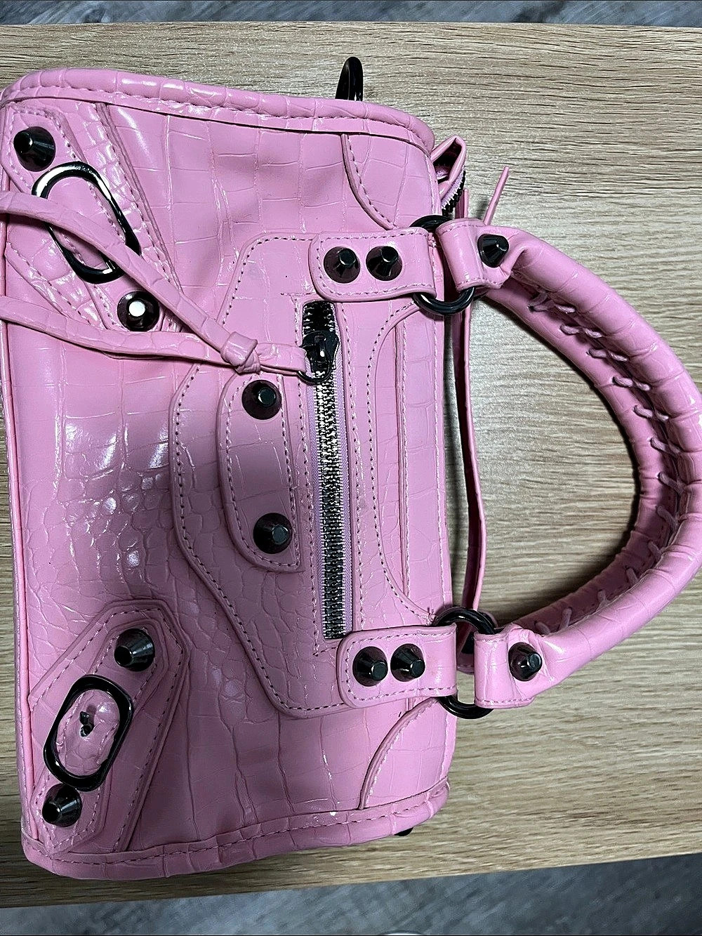 Pink Crocodile-Embossed Shoulder Bag